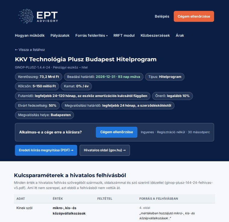 Egy kiírás összefoglaló lapja: kulcsparaméterek a hivatalos felhívásból, oldalszámmal és idézettel
